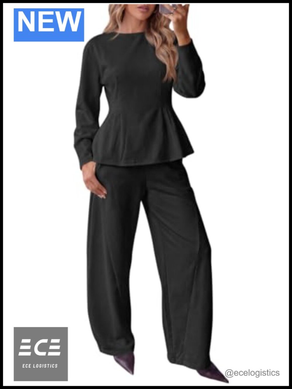 Women's 2 Piece Outfit Peplum Long Sleeve Top & Wide Leg Pants Set Casual